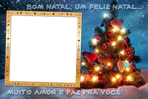 Moldura Natal - Luzes Árvore Neve Bom Natal Árvore Natal luzes, neve, frase 'Bom Natal', moldura retangular, fundo noite.