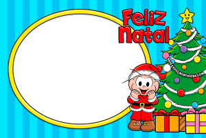Moldura Natal - Mônica Cebolinha cebolinha vestido de papai noel, arvore de natal com presentes, moldura oval amarela, fundo azul claro listrado.