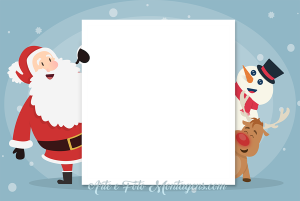 Moldura Natal - Papai Noel Boneco de Neve Rena Papai Noel, boneco neve, rena, moldura retangular, fundo azul claro.