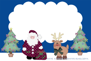 Moldura Natal - Papai Noel Rena Papai Noel com rena, moldura nuvem, fundo azul escuro.