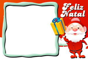 Moldura Natal - Papai Noel Presente Papai Noel entregando presente, moldura retangular verde claro, fundo vermelho.