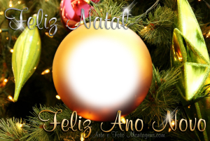 Moldura Natal - Prata Ano Ouro moldura de bola de natal dourada, frase 'feliz natel e feliz ano novo'.