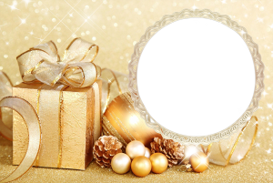 Moldura Natal - Presentes Dourado Presentes Natal dourados, laços, moldura redonda, fundo dourado.