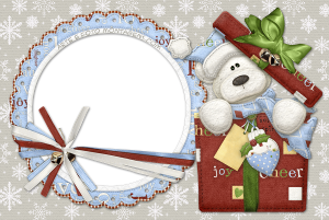 Moldura Natal - Ursinho Tecido Ursinho feltro Natal, moldura de renda azul e fundo de tecido.