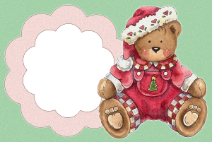 Moldura Natal - Ursinho Vermelho Ursinho pelúcia, gorro Papai Noel, moldura de flor rosa, fundo verde.