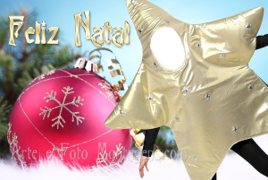 Moldura Natal - Fantasia estrela fantasia de estrela dourada, bola rosa frase'feliz natal'.