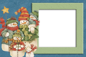 Moldura Natal - Bonecos de Neve Família bonecos neve, moldura retangular verde, fundo azul escuro.