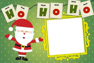 Moldura Natal - Ho Ho Ho Papai Noel, plaquinhas com frase 'Ho Ho Ho', moldura quadrada amarela, fundo verde.