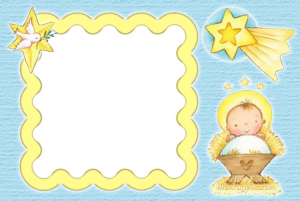 Moldura Natal - Menino Jesus Azul Menino Jesus manjedoura, estrela de belem, moldura amarela, fundo azul claro.