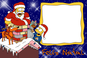Moldura Natal - Simpsons bart e Homer Simpson, presentes, moldura retangular amarela, fundo azul.