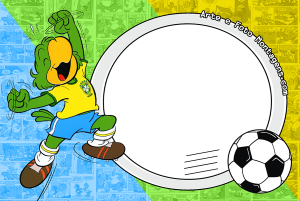 Moldura Times - Brasil Zé Carioca Zé Carioca com camisa Brasil, moldura campo futebol, verde e amarelo.