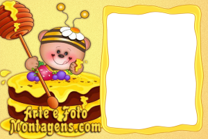 Moldura Infantil - Abelha Abelhinha Bolo Abelhinha com bolo de mel, favo de mel moldura, fundo amarelo colmeia.