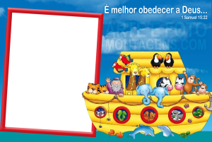 Moldura Infantil - Animais Arca de Noé Animais na Arca de Noé, fundo mar céu.