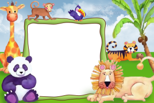 Moldura Infantil - Animais da Floresta Animais da floresta (urso, leao, girafa, macaco, tucano, tigre), fundo floresta árvores.