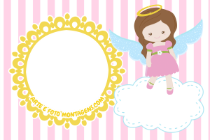 Moldura Infantil - Anjinha Rosa Anjinha rosa nuvem, moldura amarela, fundo rosa listrado.