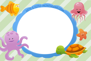 Moldura Infantil - Baby Animais Fundo do Mar Animais baby fundo do mar (polvo, peixe, caranguejo), moldura oval azul, fundo verde listrado.