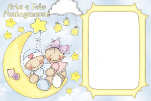 Moldura Infantil - Baby Bebês Estrelas Lua Bebês na lua, estrelas, moldura amarela, fundo azul.