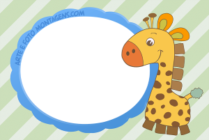 Moldura Infantil - Baby Girafinha Girafinha bebê, fundo verde listrado.