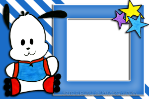 Moldura Infantil - Cachorro Doggy Cachorrinho, estrelas coloridas, fundo azul listrado.