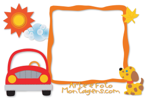 Moldura Infantil - Carro Cachorrinho Cachorrinho, carro, sol, moldura laranja, fundo branco.