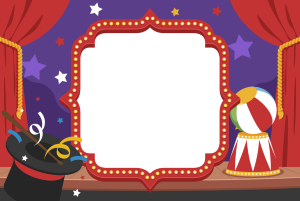 Moldura Infantil - Circo Palco Mágico Mágico palco circo, cartola, cortina vermelha.