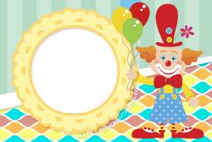Moldura Infantil - Circo Palhaço Palhaço sorrindo, bexigas, moldura circular, fundocolorido.