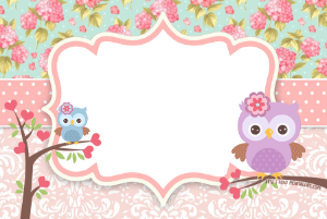 Moldura Infantis - Corujinhas com fundo estampado Duas corujinhas (rosa e azul), moldura rosa borda recortada, fundo rosa estampado.