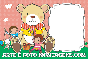 Moldura Infantil - Crianças Urso Crianças urso pelúcia, fundo rosa.