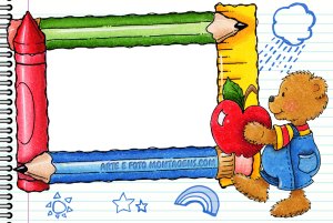 Moldura Infantil - Escolar ursinho segurando maça, giz, laapis de escrever, regua.