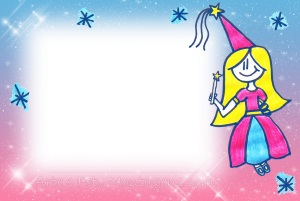 Moldura Infantil - Fadinha Princesinha Fadinha, vestido rosa e azul, varinha, moldura rosa e azul.