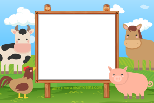 Moldura Infantil - Fazendinha Animais fazendinha, vaca, porco, cavalo, galinha, moldura madeira, fundo campo.
