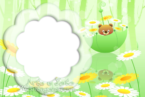 Moldura Infantil - Flores Girassóis Ursinho Ursinho com girassóis, fundo verde.