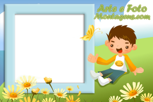 Moldura Infantil - Flores Menino Menino sentado na grama, flores, fundo jardim florido.