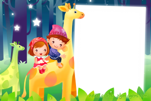 Moldura Infantil - Girafas Duas girafas, crianças, floresta encantada.