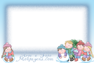 Moldura Infantil - Inverno Neve crianças, flocos neve, moldura azul gelo, fundo paisagem inverno.