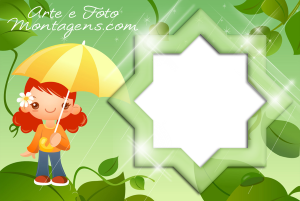 Moldura Infantil - Menina Guarda-Chuva Menina com guarda-chuva amarelo, chuva, moldura verde.