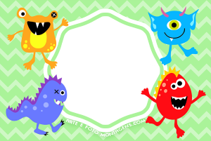 Moldura Infantil - Monstrinhos Monstrinhos coloridos, fundo verde chevron.