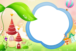 Moldura Infantil - Mundo Encantado folha, balao, casinhas, moldura azul.