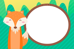 Moldura Infantil - Raposa Fox Raposa laranja, floresta, moldura marrom, fundo verde e amarelo.