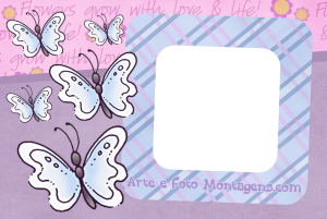 Moldura Infantil - Scrap Borboletas Borboletas estilo scrapbook, moldura azul, fundo lilas e rosa.