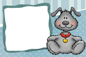 Moldura Infantil - Scrap Cachorrinho Cachorrinho, fundo azul claro estilo scrapbook.