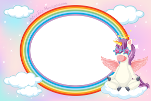 Moldura Infantil - Unicórnio Meditando Unicórnio meditando, moldura de arco-íris, nuvens, fundo de ceu rosa.