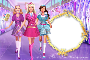 Moldura Personagens - Barbie Escola De Princesas Barbie e duas amigas, corredor de escola lilás, moldura dourada ornamentada.