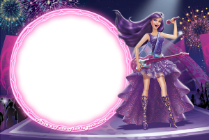 Moldura Personagens - Barbie Pop Star Barbie cantora, vestido e cabelo roxo, guitarra rosa, palco, fogos, moldura redonda rosa claro.