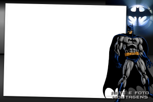 Moldura Personagens - Batman Batman pose heroica, bat-sinal, Gotham City, moldura retangular branca.