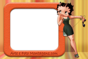 Moldura Personagens - Betty Boop Betty Boop, telefone antigo, moldura retangular laranja texturizada, fundo listrado laranja e amarelo.