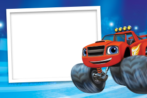 Moldura Personagens - Blaze Monster Machine Caminhão Blaze vermelho Monster Machines, velocidade, chamas, moldura retangular branca, fundo azul.