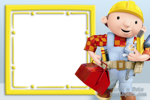 Moldura Personagens - Bob O Construtor Bob o Construtor, capacete amarelo, caixa ferramentas vermelha, moldura amarela quadrada, fundo azul claro.