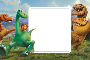 Moldura Personagens - Bom Dinossauro Arlo, Spot e dinossauros de O Bom Dinossauro, paisagem pré-histórica, moldura retangular branca cantos arredondados.