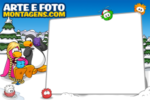 Moldura Personagens - Club Penguin Pinguins Club Penguin, puffles, fundo cenário inverno, moldura retangular branca grande.